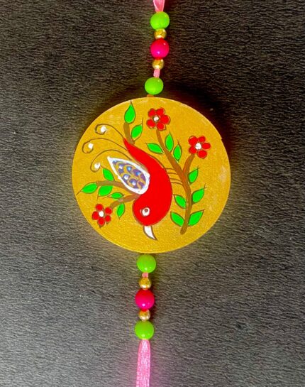 Red Bird with Golden Base with Pink String MDF Wooden Rakhi