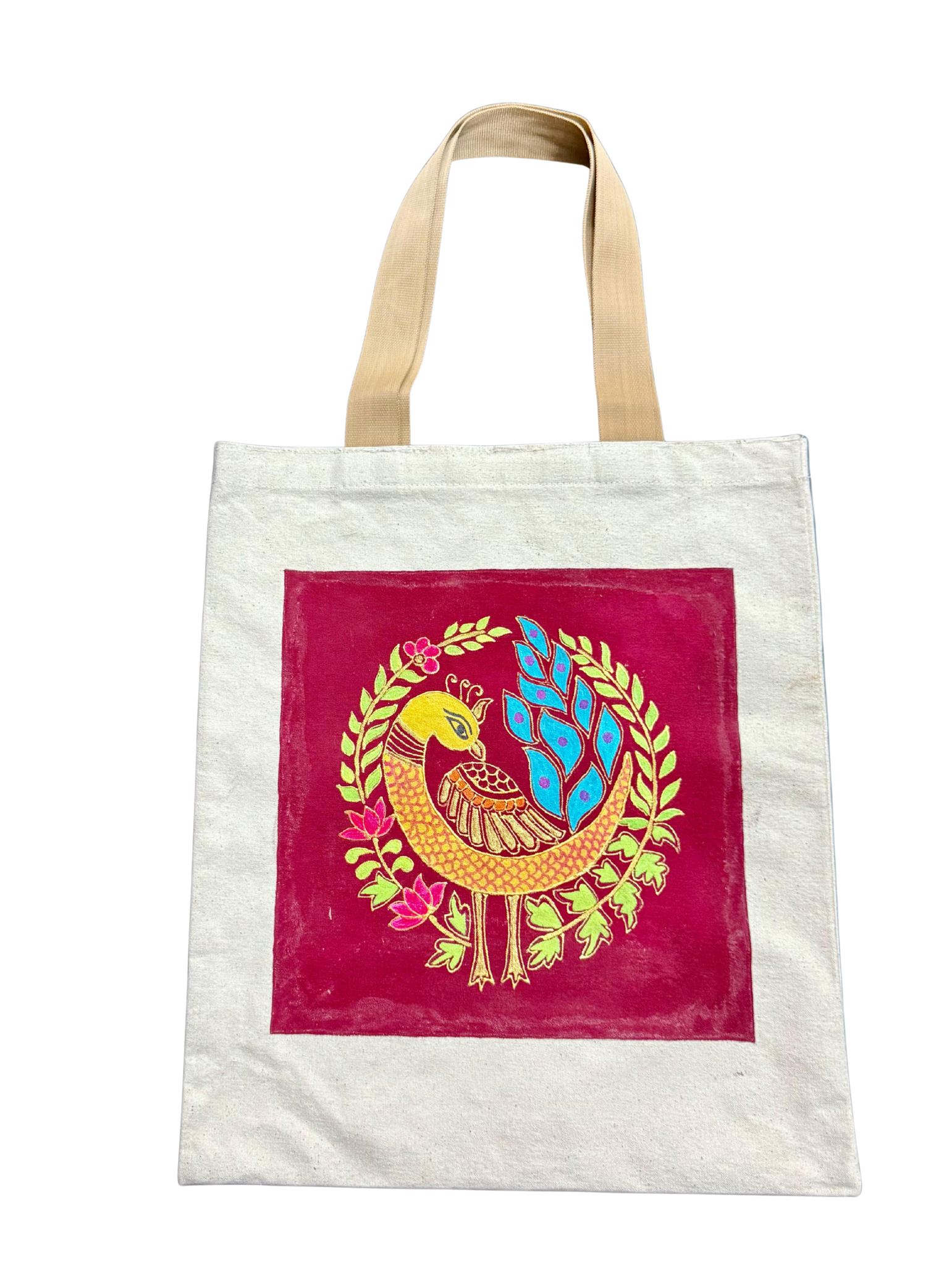 Canvas Tote Bag Madhubani Peacock Design (Customized)